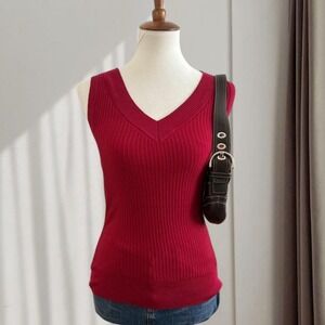INC International Concepts Red Silk Blend Ribbed V-Neck Sleeveless Sweater
